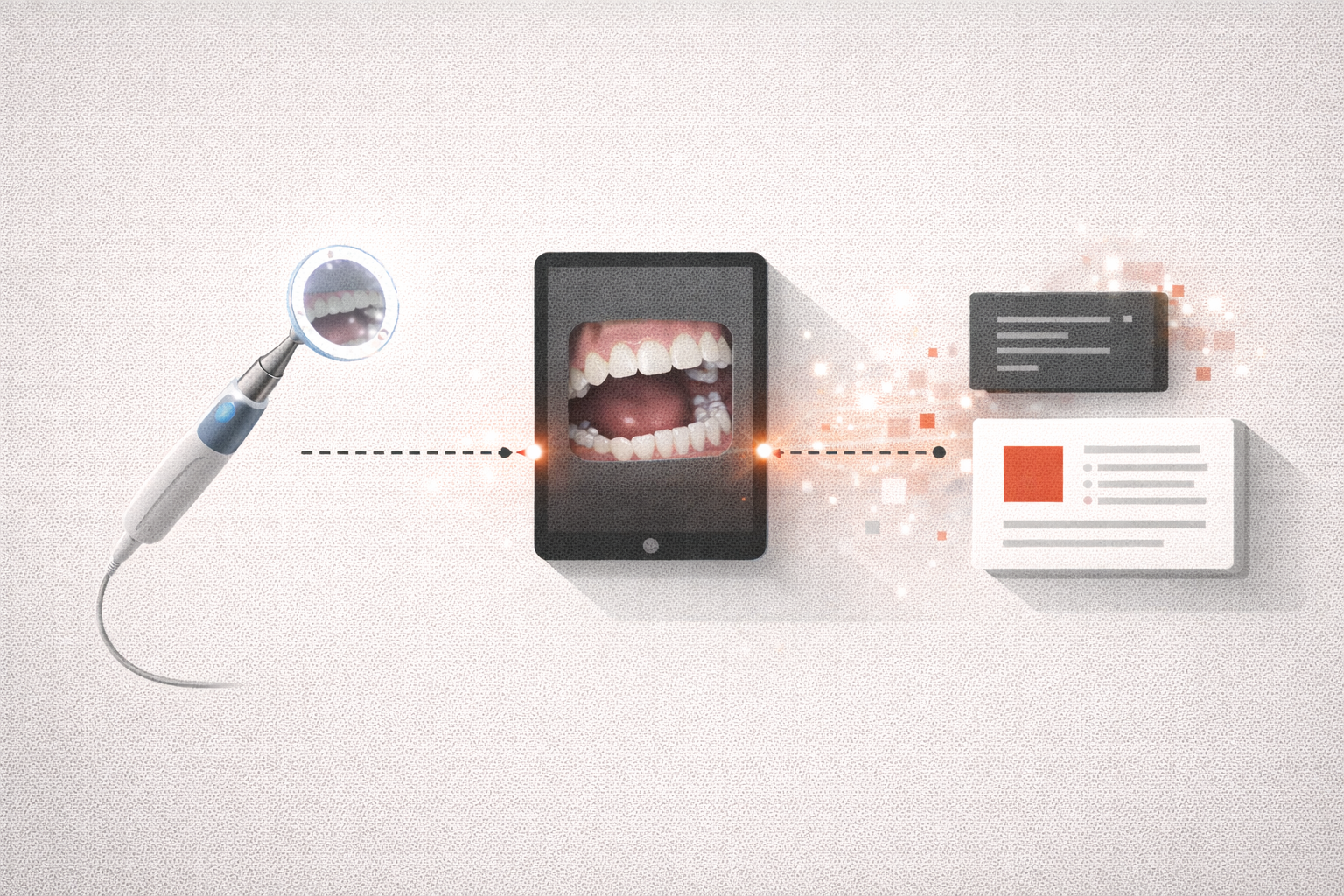 Infographie stylisée sans texte montrant un miroir dentaire connecté envoyant des flux lumineux vers une tablette, puis vers un flux de données structurées, style propre et moderne, palette rouge noir blanc gris, ratio 2:1.