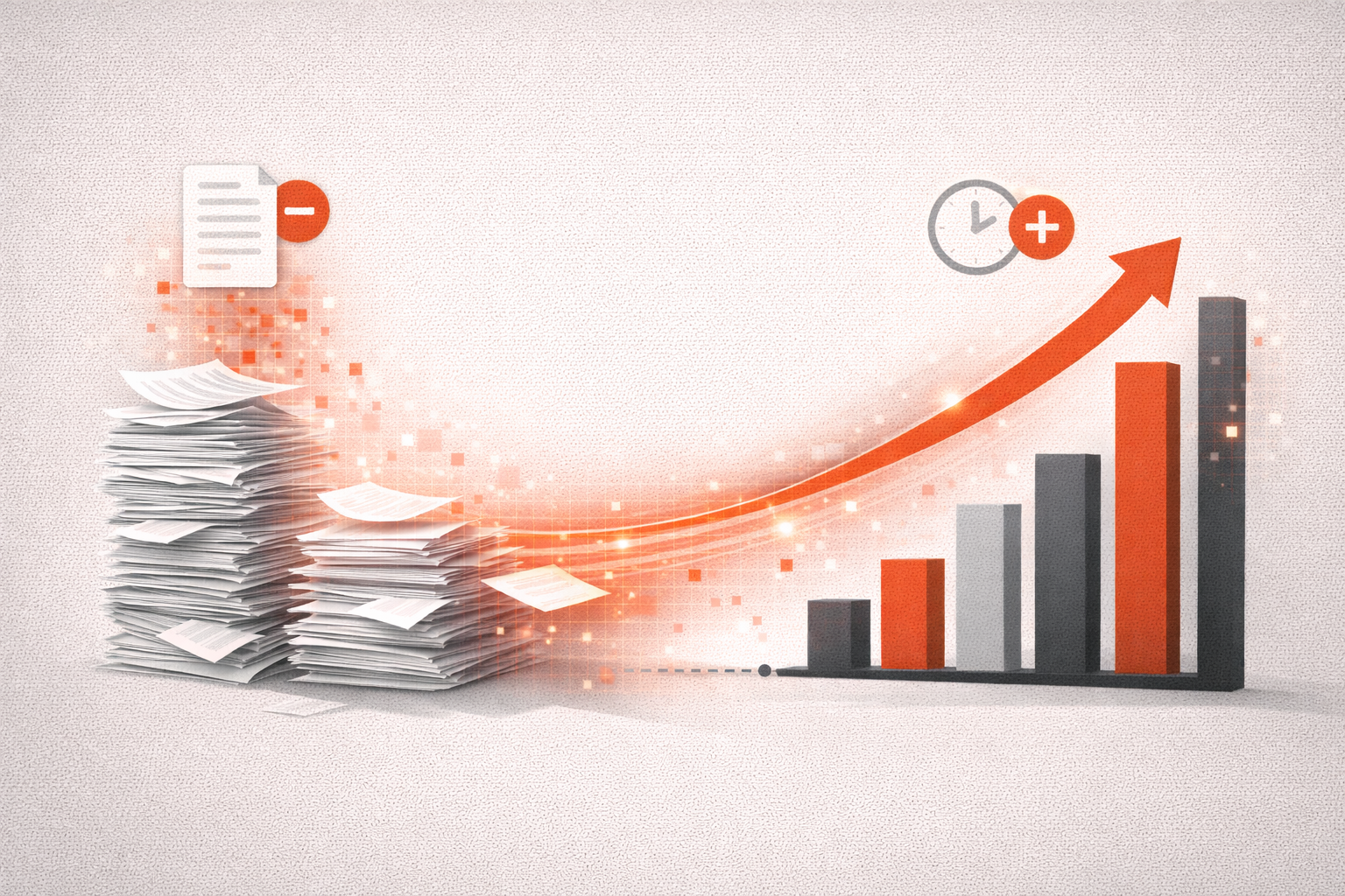 Graphique stylisé sans texte montrant une courbe de paperasse qui descend et une courbe de temps clinique qui monte, formes simples et icônes abstraites, palette rouge noir blanc gris, ratio 2:1.