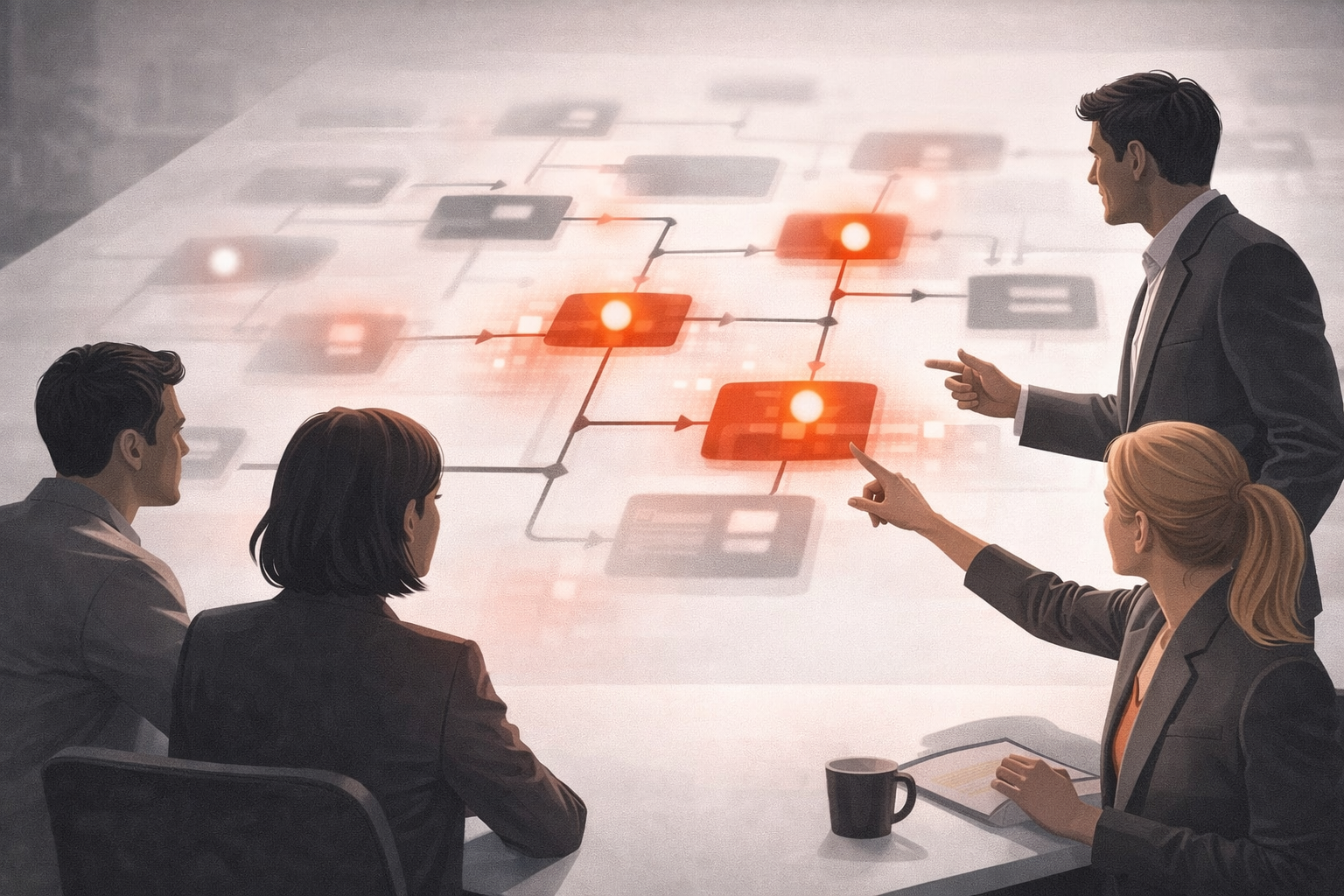 Équipe de PME devant un mur de décisions à clarifier avant l’IA