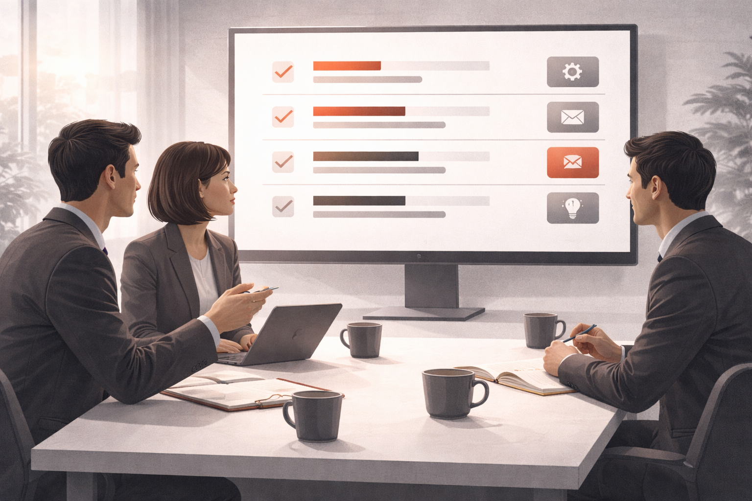 Équipe en réunion avec un écran montrant un résumé structuré