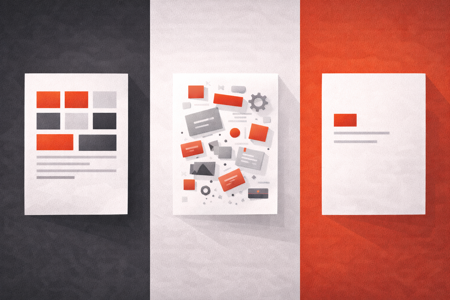 Illustration showing the variability of AI results within a team, with documents in different styles on a red and gray background