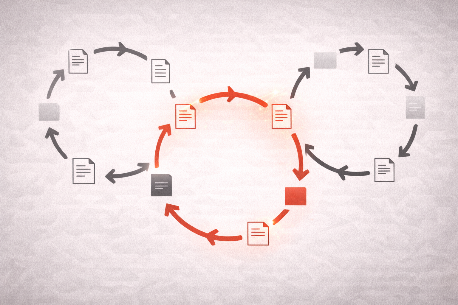 Process diagram showing multiple cycles of validation and correction of AI documents on a white and gray background