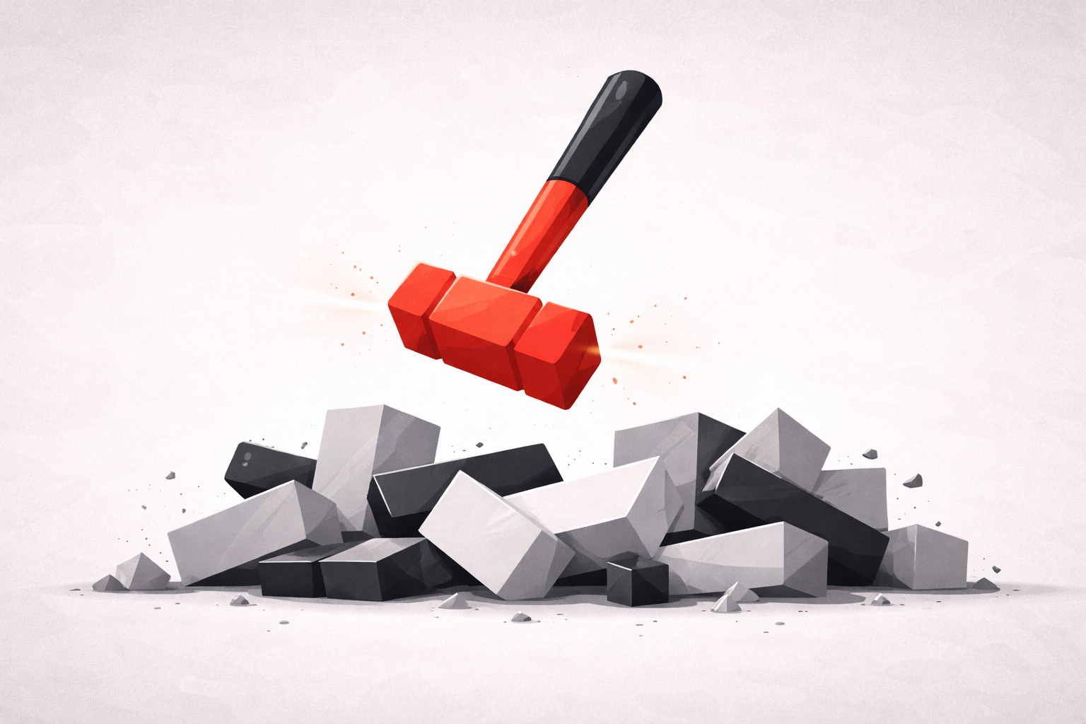 Visual metaphor of a hammer as a powerful tool but not a foundation, symbolizing AI without structure on a red and black background