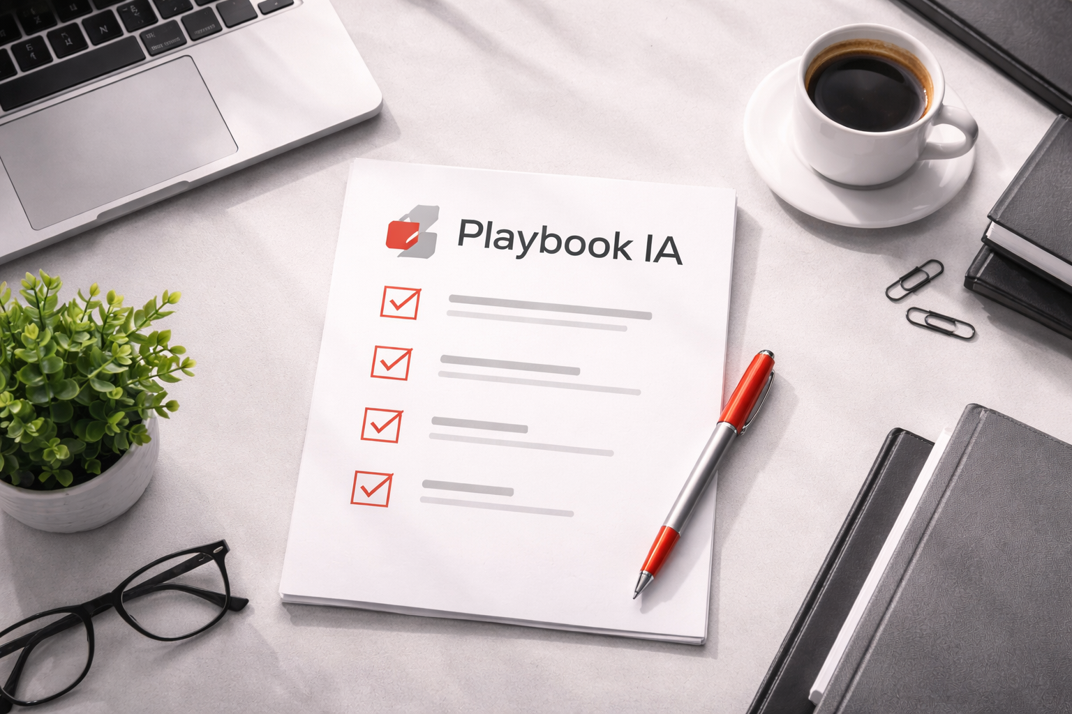 Playbook IA d'une page ouvert sur un bureau avec checklist constance et validation