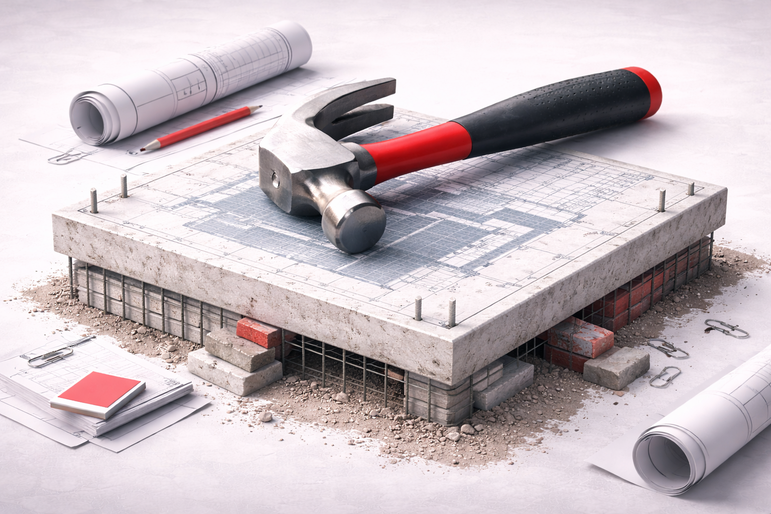 Métaphore visuelle marteau vs fondation (sans texte)