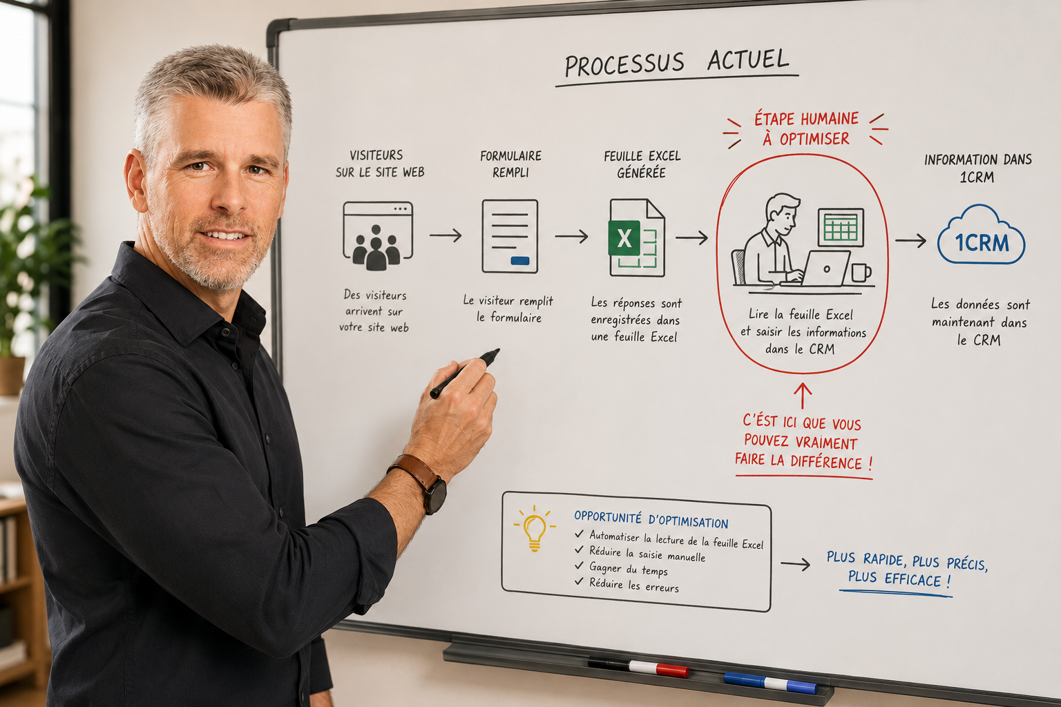 Documenting an existing process on a whiteboard, identifying the human step to optimize, listing the AI optimization opportunities