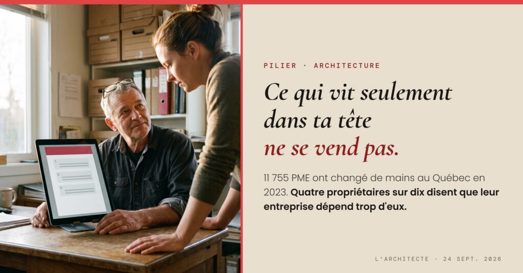Dans le bureau d'une PME, un propriétaire dans la soixantaine montre une procédure numérotée sur une tablette à une repreneuse dans la trentaine. L'Architecte, 24 septembre 2026, Steve Johnston.