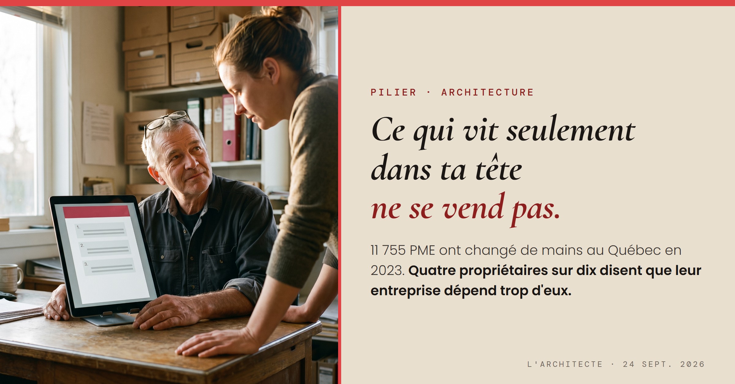 Dans le bureau d'une PME, un propriétaire dans la soixantaine montre une procédure numérotée sur une tablette à une repreneuse dans la trentaine. L'Architecte, 24 septembre 2026, Steve Johnston.