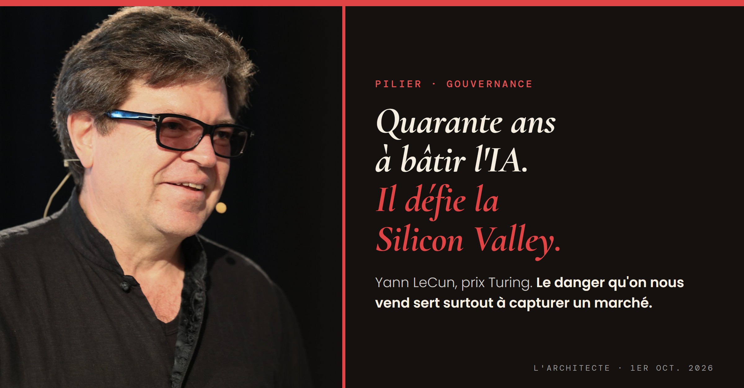 Yann LeCun, pionnier de l'intelligence artificielle, en conférence, micro-casque sur la tête, sur fond noir. L'Architecte, 1er octobre 2026, Steve Johnston. Photo : Alain Herzog (EPFL), CC BY 4.0.