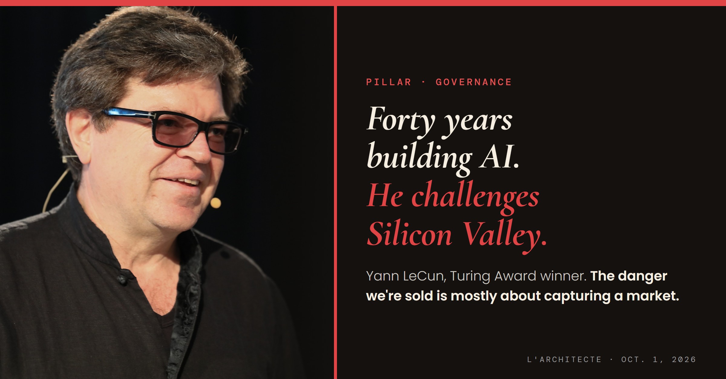 Yann LeCun, AI pioneer, speaking at a conference, headset microphone, against a black background. The Architect, October 1, 2026, Steve Johnston. Photo: Alain Herzog (EPFL), CC BY 4.0.