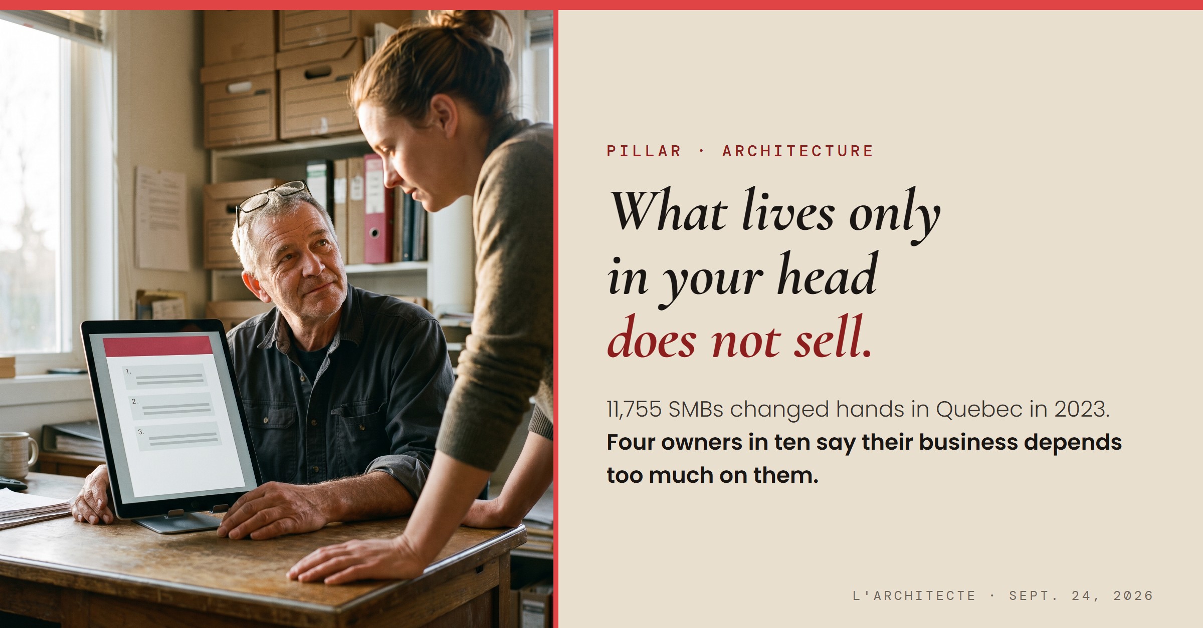 In a small business office, an owner in his sixties shows a numbered procedure on a tablet to a successor in her thirties. The Architect, September 24, 2026, Steve Johnston.