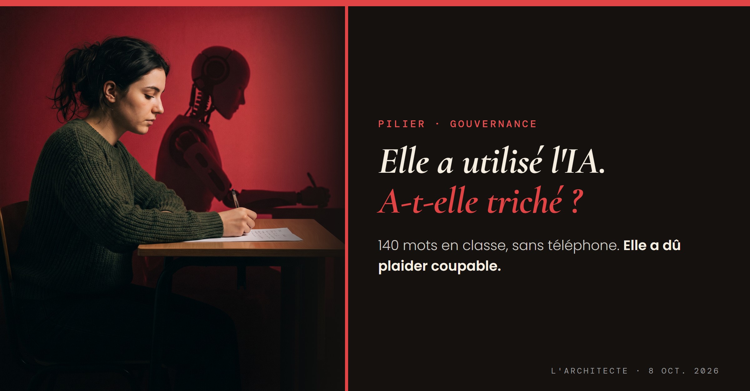Une étudiante écrit à la main à son pupitre; derrière elle, sur un mur rouge, son ombre est celle d'un robot. L'Architecte, 8 octobre 2026, Steve Johnston. Image générée par IA.