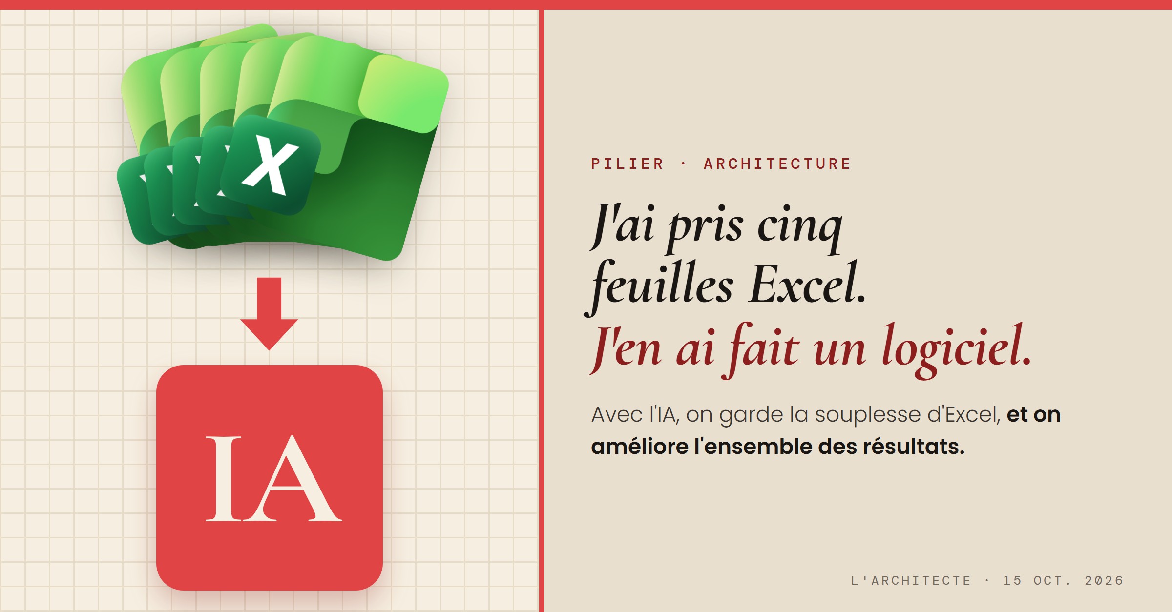Cinq icônes Excel empilées, une flèche rouge, puis une tuile rouge marquée IA. L'Architecte, 15 octobre 2026, Steve Johnston.