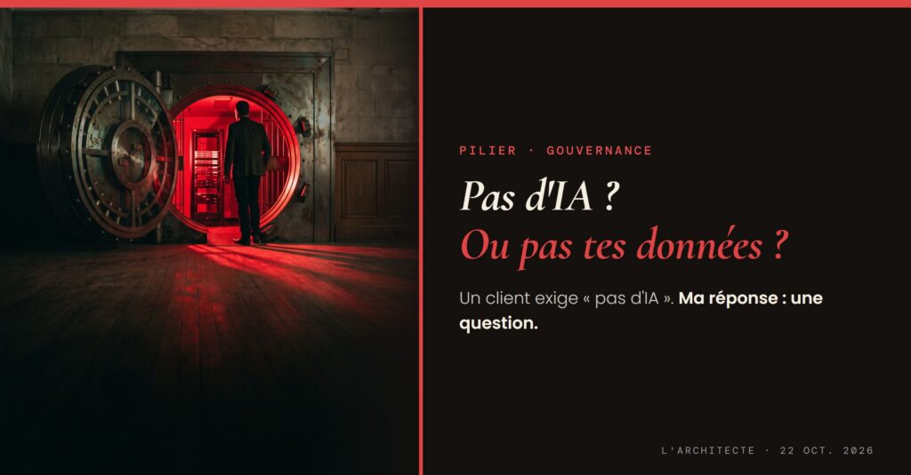Un homme, de dos, entre dans une chambre forte à la porte ronde ouverte; à l'intérieur, une baie de serveurs baigne dans une lumière rouge. L'Architecte, 22 octobre 2026, Steve Johnston. Image générée par IA.