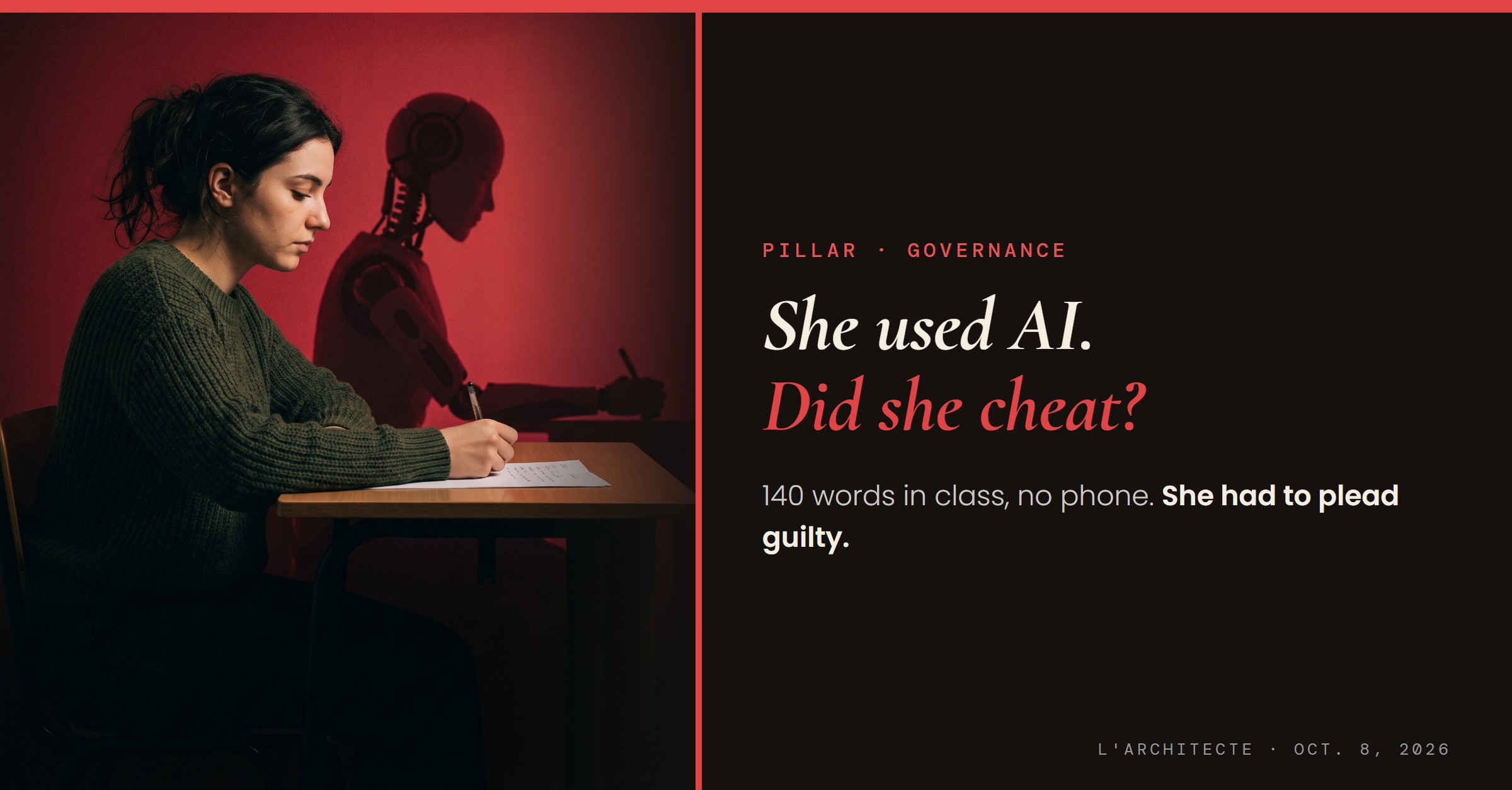 A student writes by hand at her desk; behind her, on a red wall, her shadow is a robot's. The Architect, October 8, 2026, Steve Johnston. AI-generated image.