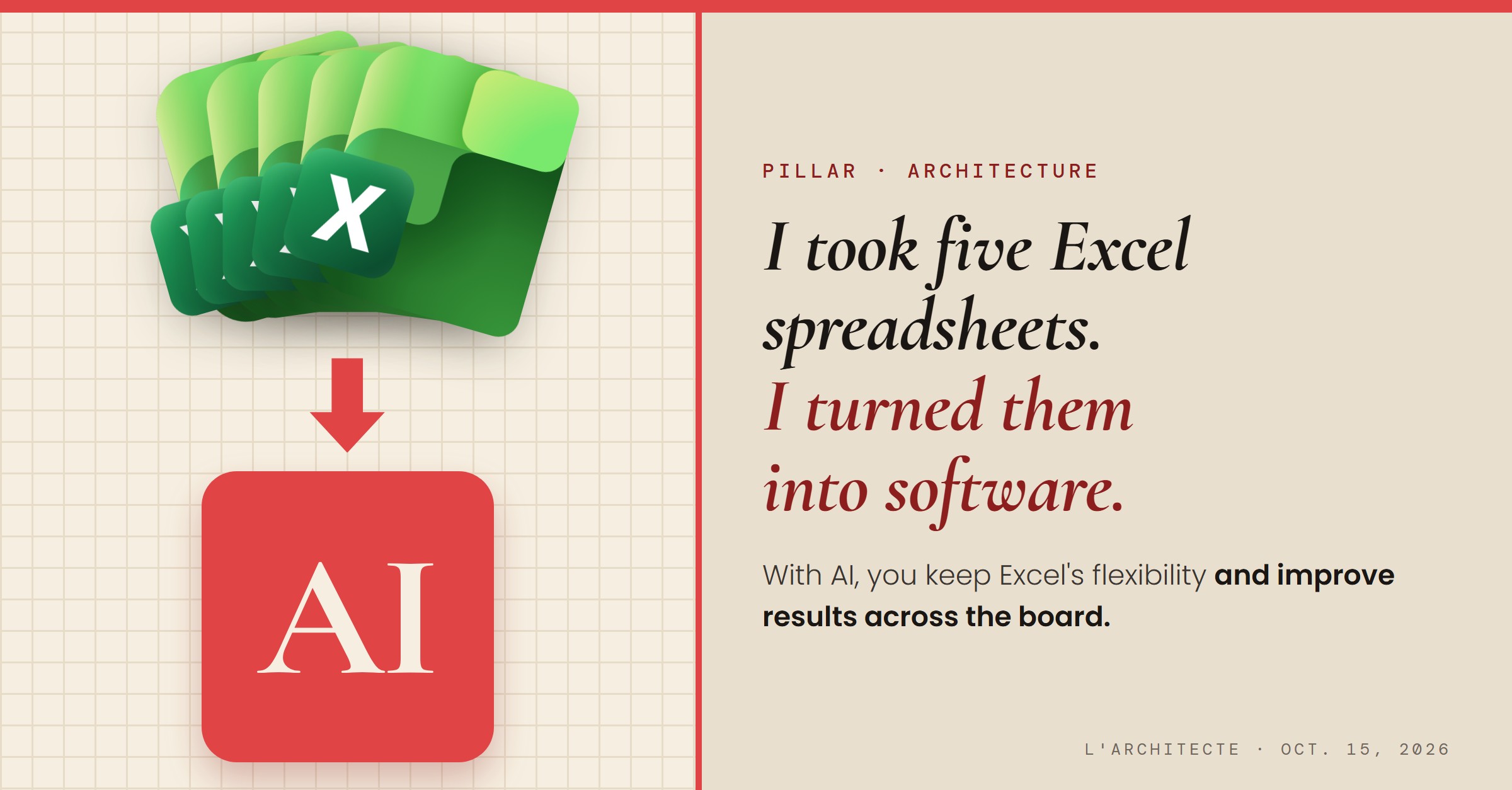 Five stacked Excel icons, a red arrow, then a red tile marked AI. The Architect, October 15, 2026, Steve Johnston.
